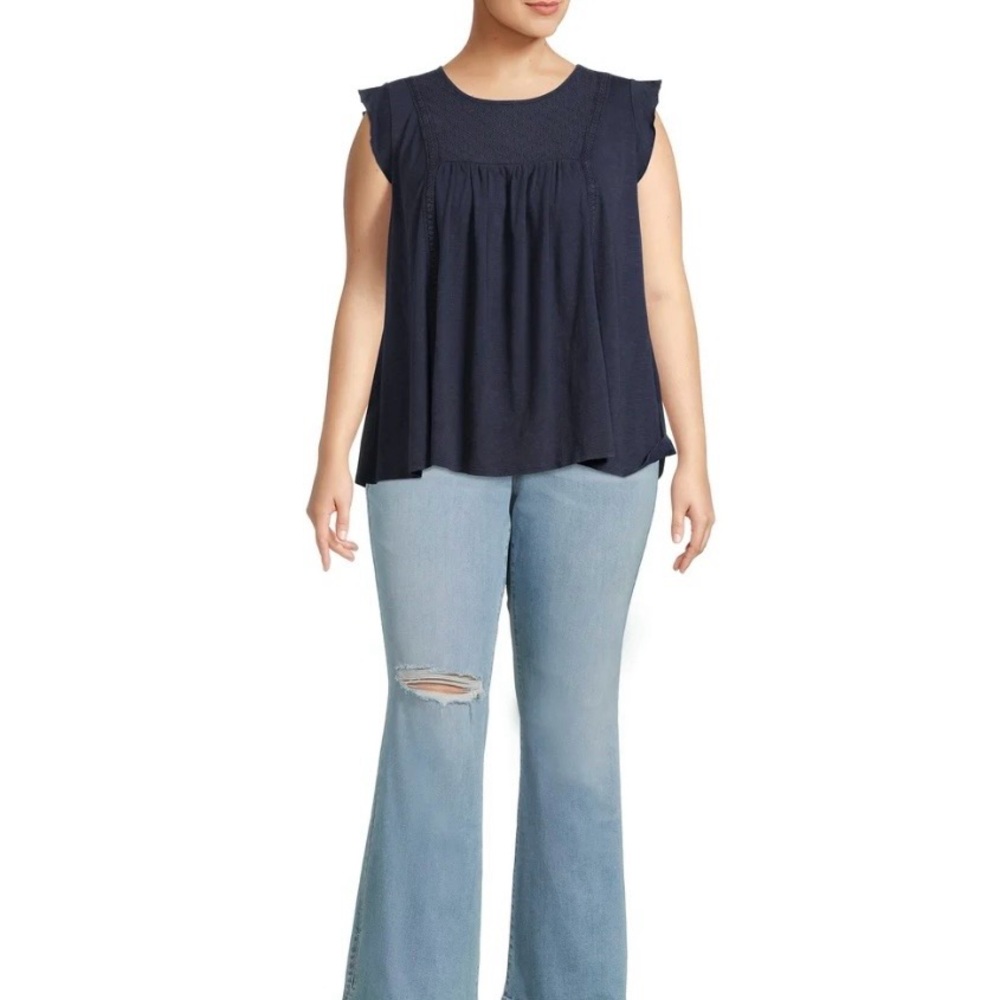Terra & Sky Dark Blue Eyelet Trim Flutter Sleeve Top - Size: 14W - Picture 8 of 8